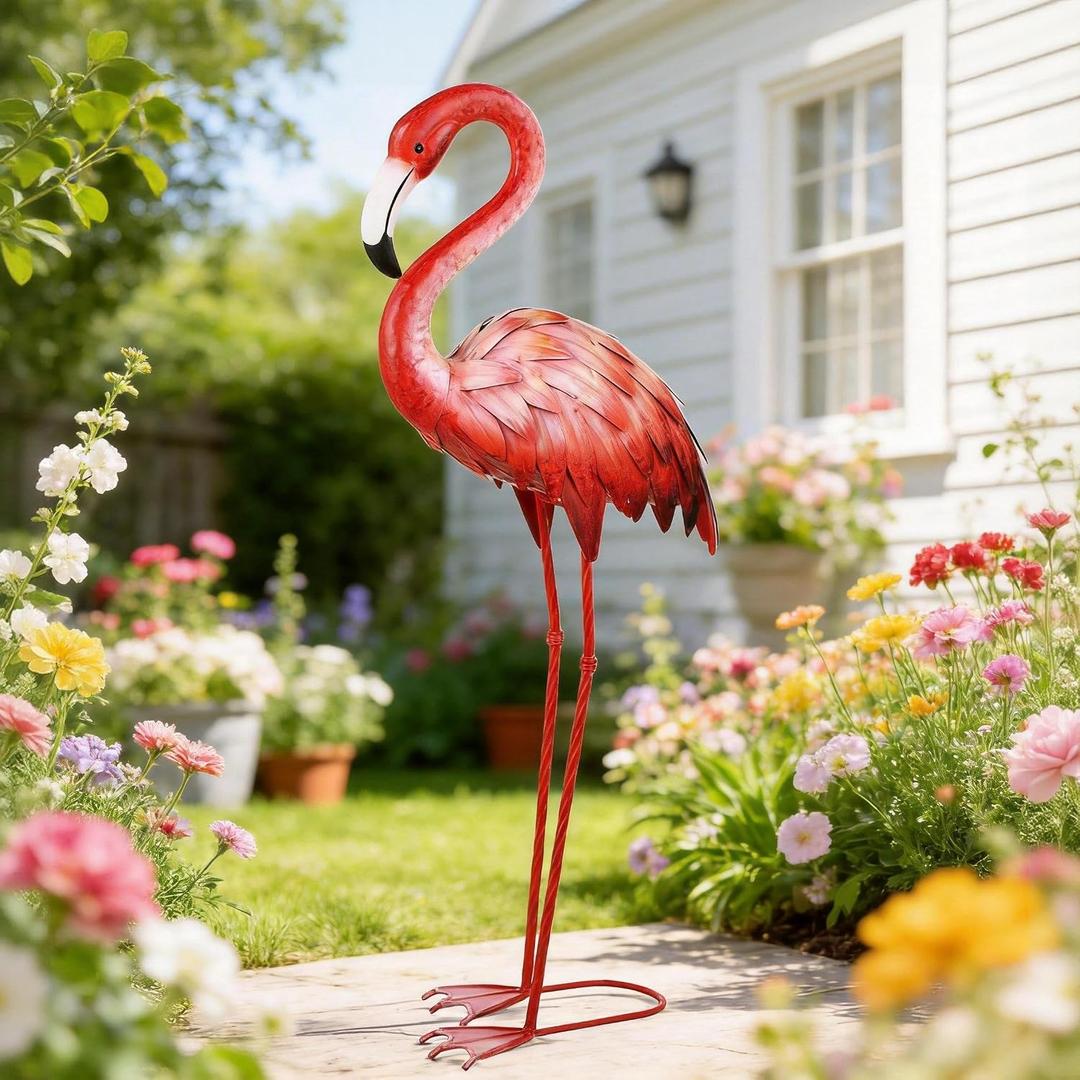 Shorayn Pink Flamingo Garden Statue Outdoor Decor Metal Yard Art Lawn Ornaments for Backyard Pond Patio Porch Outside Decorations,Large Size