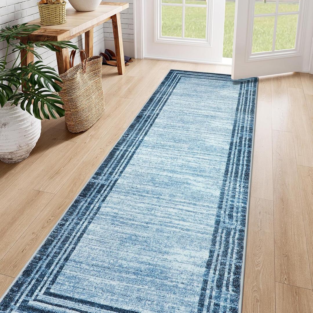 Lahome Abstract Runner Rug,2.5x8 Hallway Runner Rug Non-Slip Washable Blue Kitchen Runner Rugs,Low-Pile Soft Bedroom Runner Minimalist Solid Indoor Carpet Runners for Entryway Bathroom Laundry Room (Dark Blue Border/White)