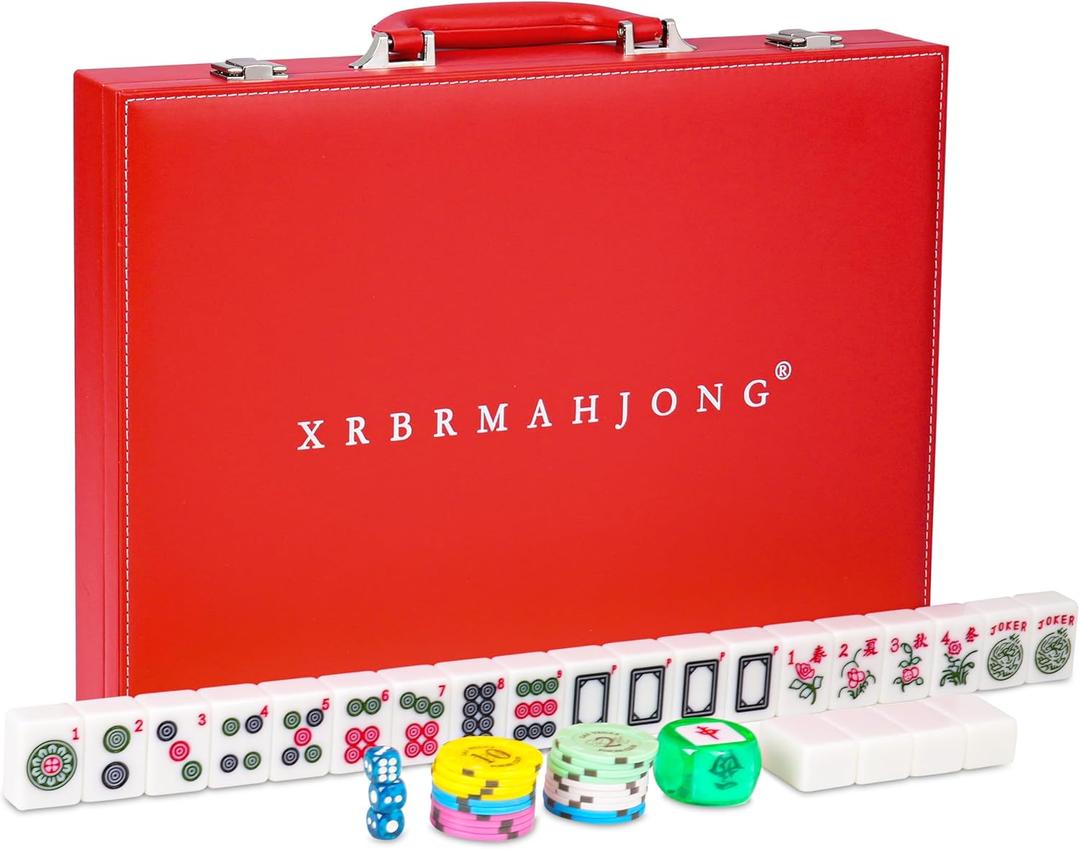 Large 1.5" American Mahjong Set with Red Leather Case,166 Quality Tiles,Jade White/Antique Ivory Luxury Game for Family Nights/Collector Gifts (Racks and Pushers not Included) (Jade White)