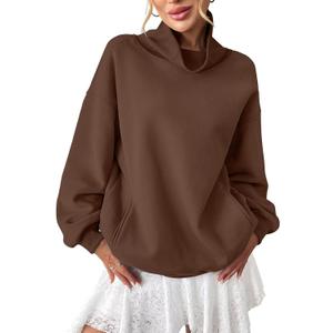 Womens Fleece Sweatshirts with Pockets Oversized Turtleneck Pullover Trendy Long Sleeve Tops Fall Fashion Shirts (Medium, Brown)