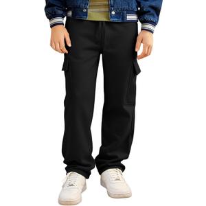 Haloumoning Boys Fleece Cargo Sweatpants Kids Athletic Wide Leg Joggers with Open Bottom and Drawstring & Pockets (13-14 Years, Black)