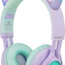 Riwbox Kids Wireless Headphones, CT-7S Cat Ear Bluetooth, 85dB Volume Limiting, LED Light Up Over Ear with Microphone for Laptop/PC/TV (Purple&Green)