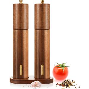Wooden Salt and Pepper Grinder Set 10 Inch Manual Salt and Pepper Mill with Tray Adjustable Coarseness Refillable Wood Grinders with Gold Bottle Label for Kitchen(Wood Color)