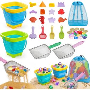 Eicaus 46 PCS Beach Sand Toys for Kids Toddlers, Collapsible Sand Buckets & Mesh Bag Set with Heavy Duty Metal Sifters, Treasure Hunt Gems, Castle Molds, Travel Sandbox Toys for Boys Girls