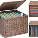 Cinnvoice Extra Large Decorative File Box 18 x 16 x 13 in Wicker Seagrass File Basket Organizer for Letter Legal Size Hand Woven Hanging Filing Cabinet with Lid for Office Paper Rope, Dark Brown