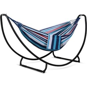 2 Person Hammock with Stand, Space Saving Free Standing Hammock with Stand Included, Patent Pending, Blue Red