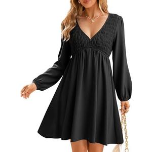 BerryGo Women's Casual Long Sleeve Babydoll Flowy Dress V Neck Swing Party Mini Dress with Pocket for Summer Beach 2025. Size M