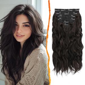 BARSDAR Beach Wavy Dark Brown Clip in Hair Extensions  16 Inch 6PCS Thick Soft Synthetic Hairpieces, Full Head Clip in Hair Extensions for Women  Voluminous Easy Wear Daily Party - Dark Brown