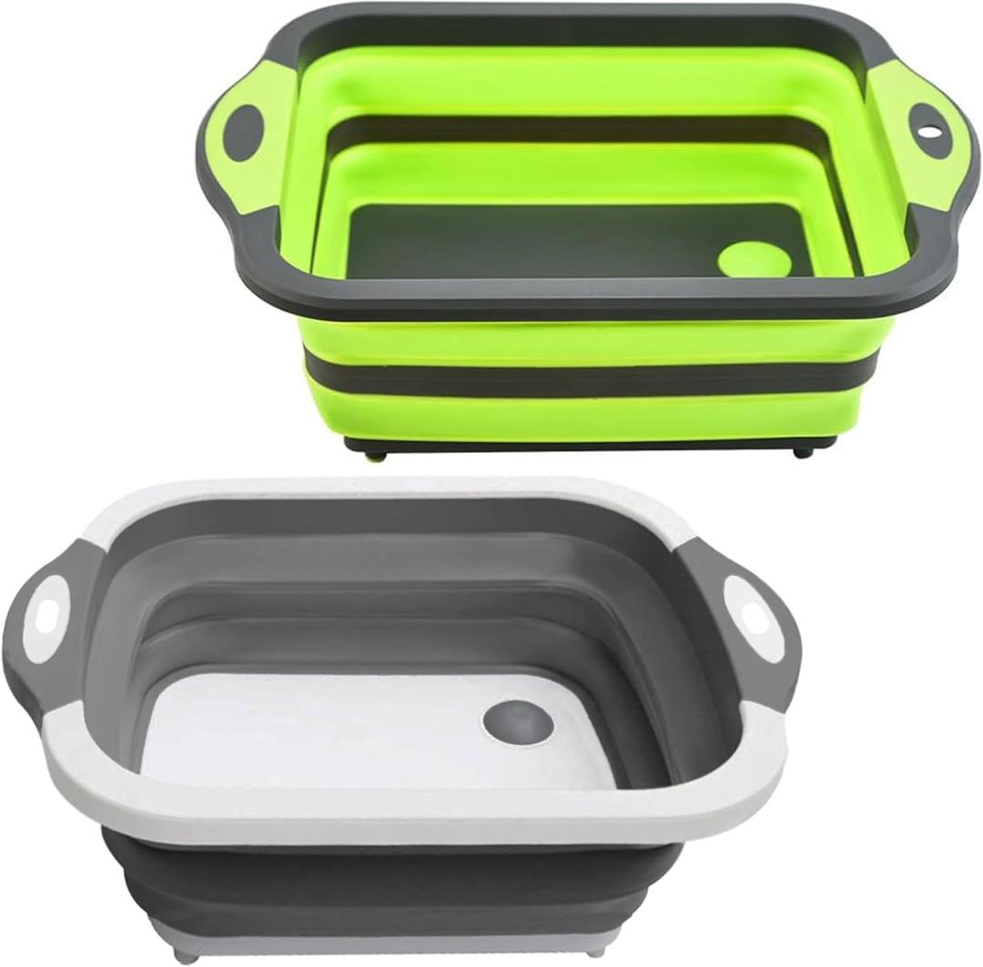 SSKT Pack of 2 Collapsible Cutting Board Multifunctional Kitchen Sink Tub Basin with Drain, Chopping Board & Washing up Bowl Space-Saving & Portable for Kitchen, Camping, RV, & Outdoor Use, 16.7"L x 12.2"W