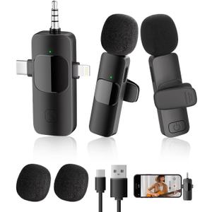 3-in-1 Wireless Lavalier Microphone for iPhone&Android,mini Microphone for Camera,mini mic with Noise Cancellation,Plug & Play,Long Battery Life for YouTube/TikTok/Vlog Recording