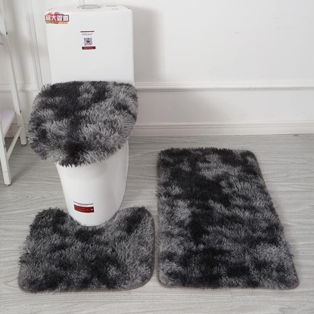 Thicken 3 Piece Bathroom Rug SetU-Shaped Contour Rug, Mat and Toilet Lid Cover,Water Absorbent Soft Microfiber Shaggy Bathroom Mat,for Tub, Shower, Bath Room,Machine Washable (Dark Grey)