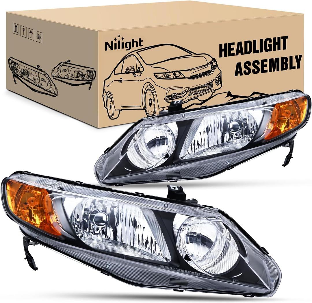 Nilight 2006 2007 2008 2009 2010 2011 Civic Headlights Amber Sedan 4 Door Only Headlights Assembly Headlamp Replacement, Driver and Passenger Side, Black Housing Amber Reflector (2006-20011 Civic 4Dr)