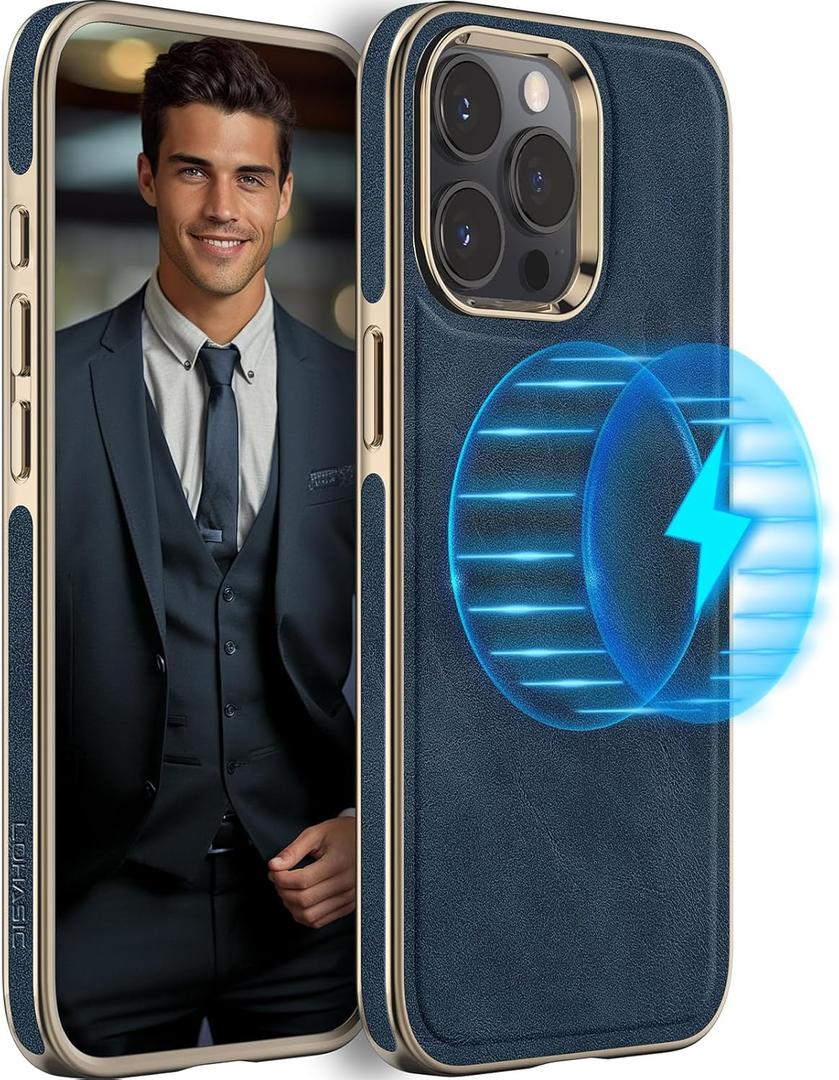 LOHASIC for iPhone 15 Pro Phone Case Compatible with MagSafe, Classic Leather Slim Luxury Business PU Non-Slip Grip Shockproof Bumper Rugged Protective Cover Magnetic Case for iPhone 15Pro 6.1" - Blue