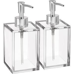 Clear Acrylic Reusable Kitchen & Bathroom Hand Sanitizer Dispenser with Rust Proof Stainless Steel Pump, Square Soap Dispenser Set | 12 oz, 2 Pack
