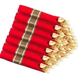 Supernal 30 Pack Gold Plastic Silverware with Red Napkins,Gold Silverware Disposable,Wrapped Plastic Cutlery Set with Napkin,Pre Rolled Silverware Set Disposable,Christmas Cutlery Suitable for Holiday