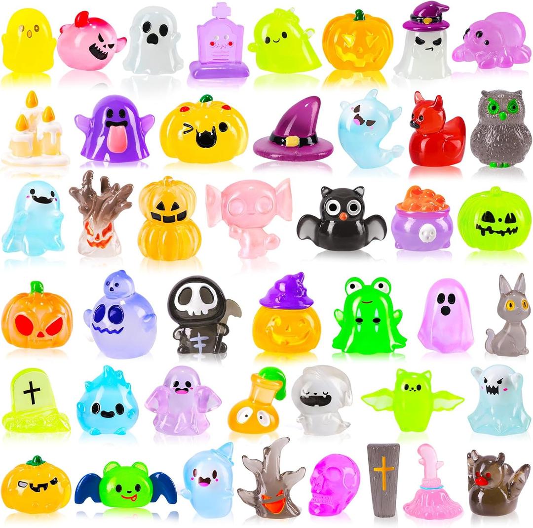 44 Pcs Halloween Luminous Mini Figures 44 Style Glow in The Dark Little Small Resin Miniatures Bulk Pumpkin Ghost Skull Figures to Hide for Halloween Party Gifts DIY Craft Scene Decor