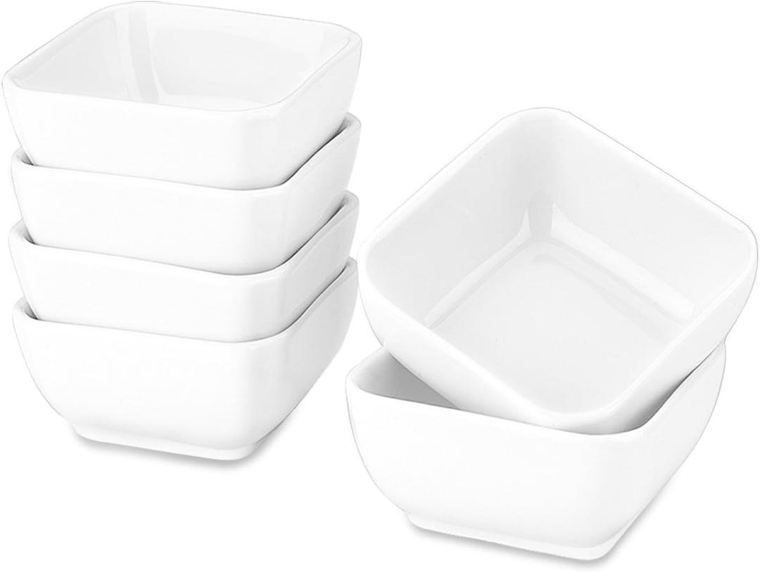Delling 6 Oz Ramekins, Square Souffle Dish for Pudding, Creme Brulee, Dessert, Snack, Bakeware Cups Set for Baking and Dip Sauce, Oven Safe, Set of 6 (White)