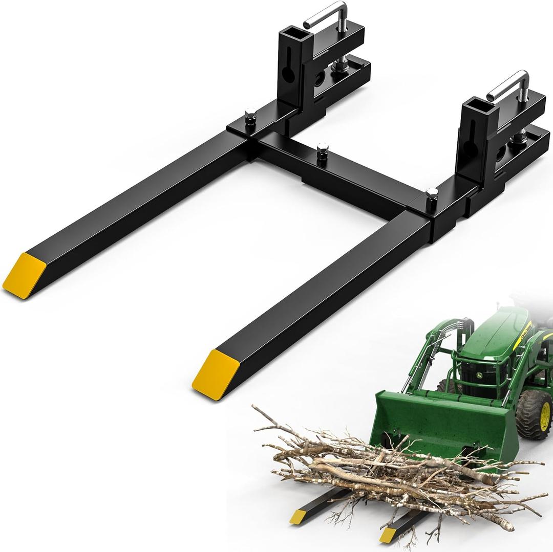 AUTOSAVER88 43" Clamp On Pallet Forks for Tractor Bucket, Heavy Duty 2000lbs Quick Attach Skid Steer Loader Pallet Fork with Adjustable Stabilizer Bar, Black