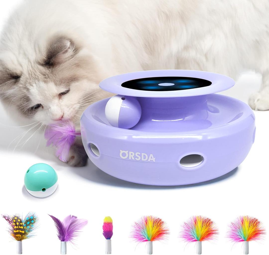 ORSDA Cat Toys, 2-in-1 Interactive Cat Toys for Indoor Cats, Automatic Cat Toy Balls, Mice Toys Ambush Feather Kitten Toys with 7pcs Attachments, Dual Power Supplies, Adjustable Speed, Auto On/Off (Periwinkle)