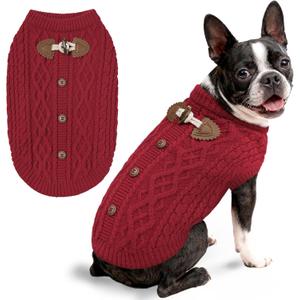 WOYYHO Dog Sweaters for Medium Dogs Girl Boy, Cable Knit Winter Clothes with Cow Horn Buttons, Warm Round Neck Pet Sweater Cozy Pullover for Puppy Chihuahua Yorkie Outfit, Red XL (X-Large(22-29 lbs))