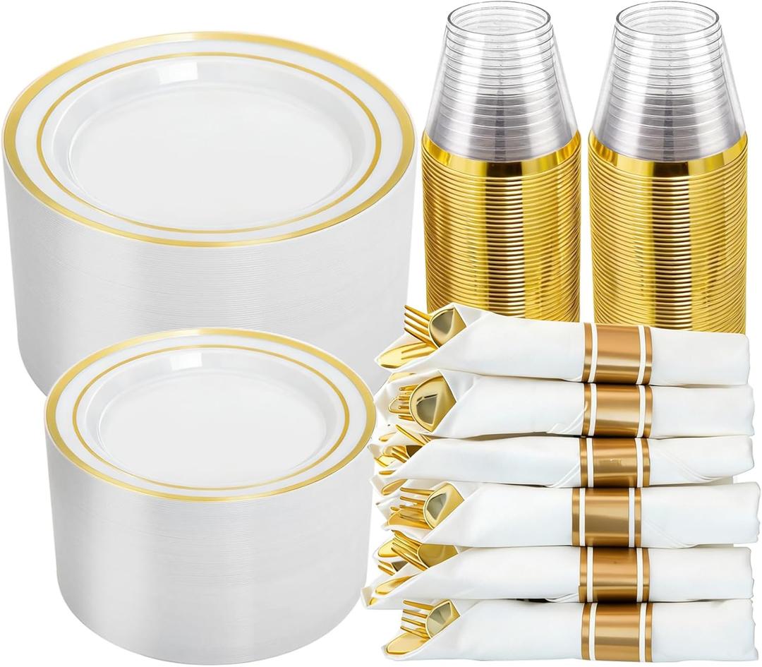 N9R 350PCS Gold Plastic Dinnerware Set for 50 Guests, Include: 50 Dinner Plates, 50 Dessert Plates, 50 Pre Rolled Napkins with Silverware and 50 Cups, White and Gold Disposable Plates for Party