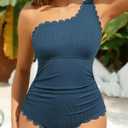 Summer Mae One Shoulder Women's One Piece Swimsuit Ribbed Scalloped Swim Suits Slimming Full Coverage Modest Bathing Suit (L)