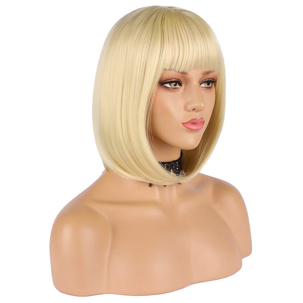 eNilecor Short Light Blonde Bob Wigs 12" Straight with Bangs Synthetic Colorful Cosplay Daily Party Wig for Women Natural As Real Hair+ Free Wig Cap (Light Blonde)
