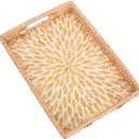 Tynulox Rectangle Rattan Tray with Mother of Pearl Inlay, Rattan Serving Tray with Handle for Coffee, Bread, Fruits, Snacks, Decorative Wicker Tray for Table Decor (Rectangle Amber Leaf, 13"9")