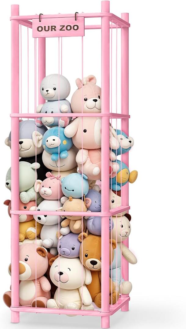 Stuffed Animal Storage & Organizer, Wooden Cute Zoo Toy Holder for Toddler Rooms, Playrooms & BedroomsPink