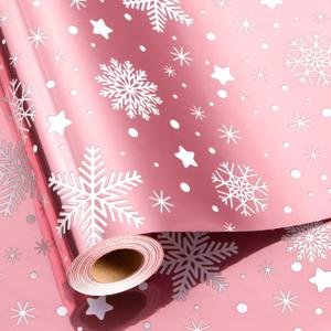 Retrify Christmas Wrapping Paper - 17 Inch x 32.8 Feet Mini Roll - White Snowflake with Grid Cutting Lines Foil Pink Gift Wrap Paper for Holiday Shower Party Celebration