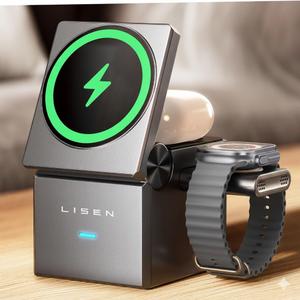 LISEN Qi2 Magsafe Charger Stand 3 in 1 Charging Station for Apple iPhone and Watch Charging Station for 15W Magsafe Charger Stand Cube, Foldable for iPhone 17 16 and Google Pixle 10, 10 Pro, 10 Pro XL (Gray)