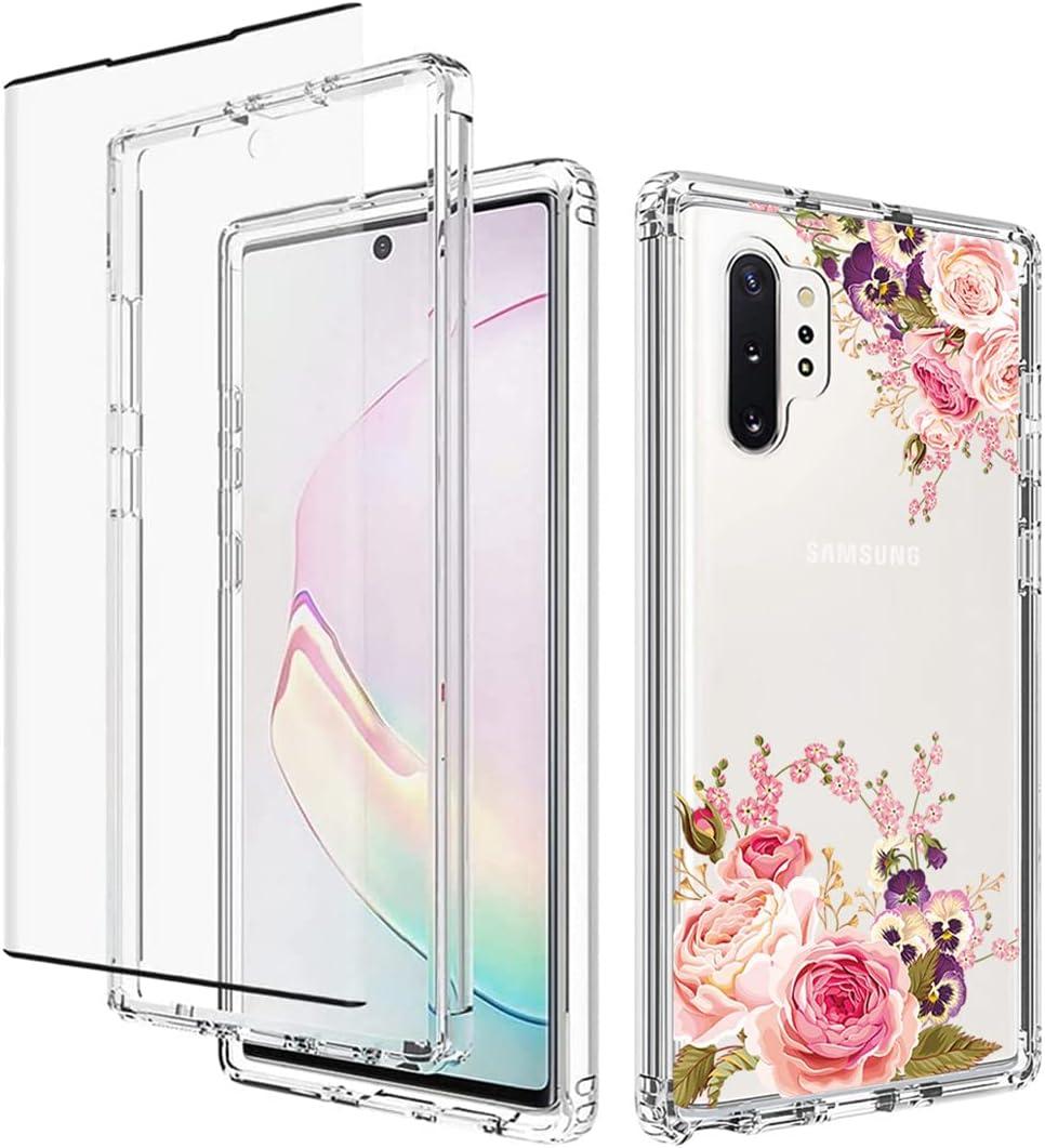Case for Galaxy Note 10+ 5G/Note 10 Plus SM-N975U: Hybrid, Polycarbonate & TPU, Floral Design, Rose Flower, With Tempered Glass Screen Protector Case for Samsung Galaxy Note 10 Plus Rose flower