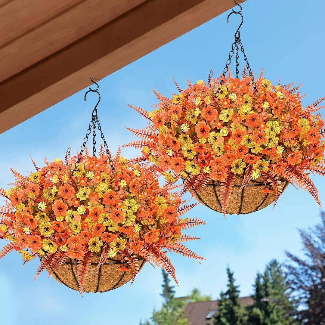 Yastouay Fake Hanging Plants, Artificial Fall Hanging Baskets for Outdoors, 2 Pack Artificial Mums for Outdoors, UV Resistant Fake Fall Flowers for Garden Patio Porch Yard Fall Decor (Orange, Yellow & Fern)