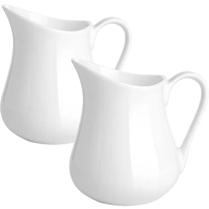 Gurygo 2 Pack 8 oz Ceramic Creamer Pitcher Set with Handle, Small Classic White Milk Container, Fine Porcelain Creamer Pitcher for Coffee Milk Sauces Salad, Microwave & Freezer Safe