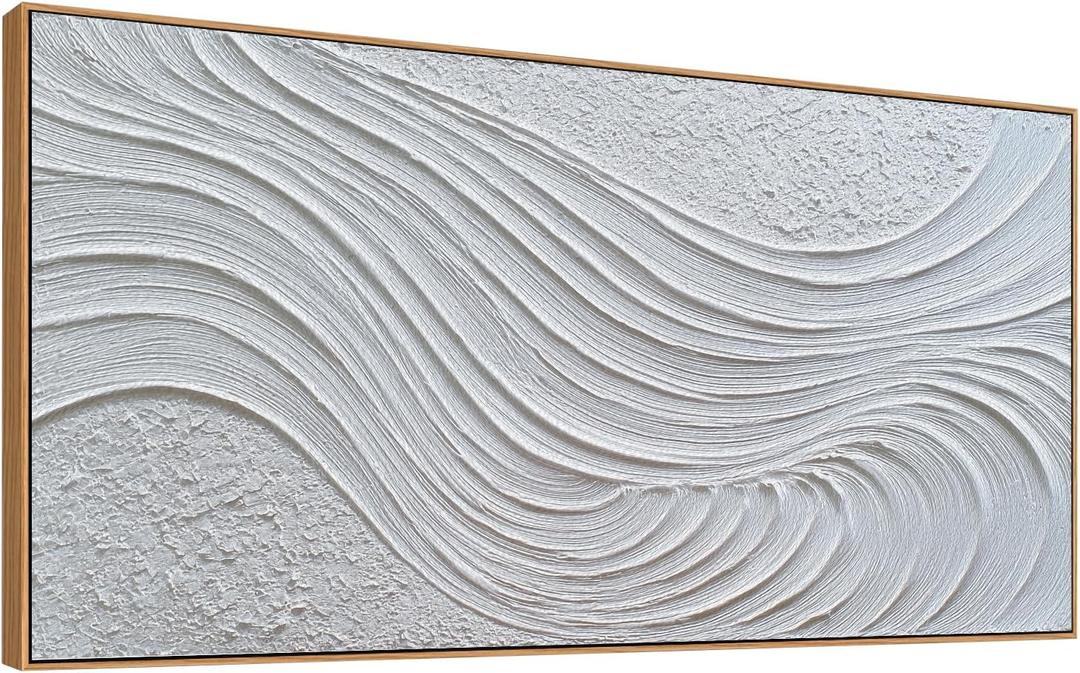 The Mode Art Abstract 3D Textured Wall Art White and Silver Gray Waves Canvas Print Modern Minimalist Framed Wall Decor for Living Room Bedroom Office 20x40inch