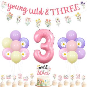 Jollyboom Wildflower 3rd Birthday Party Decorations, Young Wild and Three Decorations Banner Garland Cake Cupcake Toppers Number 3 Foil Balloons for 3 Year Old Girl Flower Floral Daisy Party