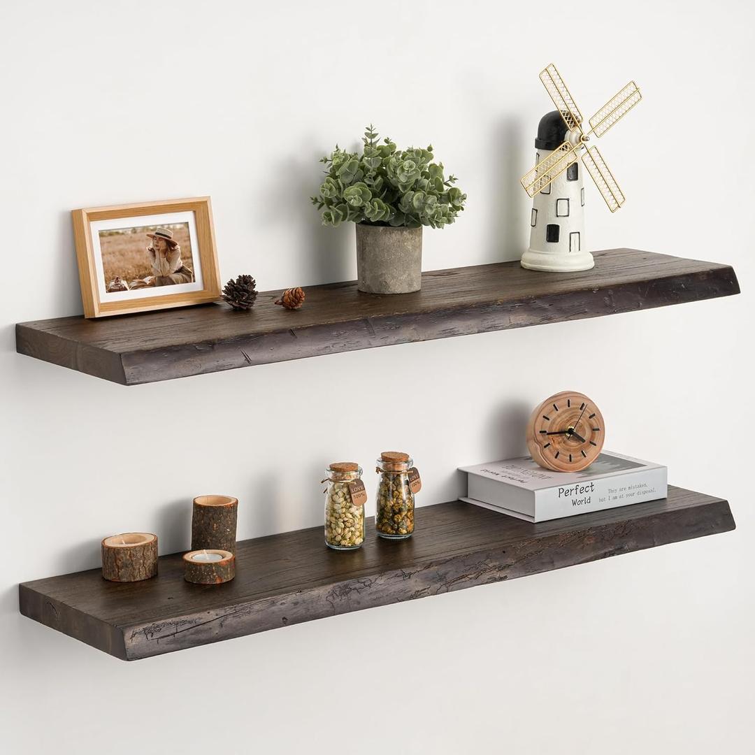 Floating Shelves Set of 2, Solid Elm Wood Wall Shelves 32 Inch - Invisible Bracket Mount for Living Room, Bedroom, Kitchen, Bathroom - Brown Elm