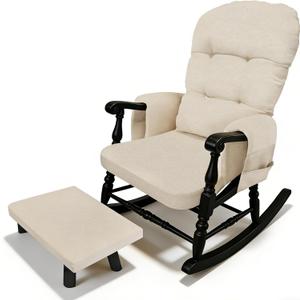 Glider Rocker Replacement Cushion Set with Storage Pockets Breathable Fine Linen Fabric & High-Resilience Foam Non-Slip Back Rocking Chair Cushion for Living Room Rocking Chair(Beige)
