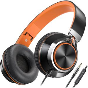 AILIHEN Kids Headphones, Headphones Wired with Microphone and Volume Control Folding Stereo Corded On-Ear 3.5mm Headset for Boys Girl Cellphones Tablets Chromebook Laptop Computer (Black/Orange) (Medium)