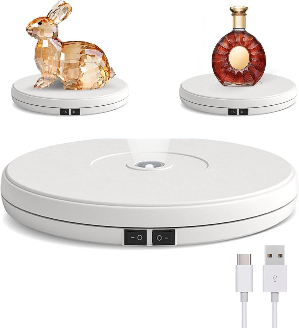 YVV LED Rotating Display Stand White 10 Inch 360 Motorized Turntable with LED Light, USB Powered Display Base for Product Photography, Jewelry Showcase, 22lb Capacity