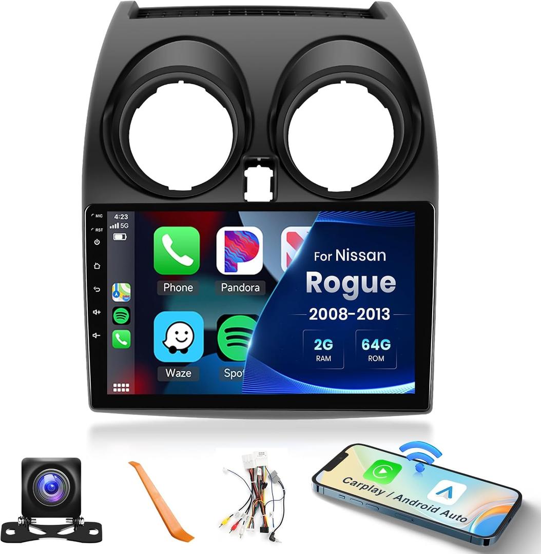2+64G For Nissan Rogue 2008-2013  -- Car Radio with Wireless Carplay/Android Auto,Android 13 Car Stereo 9 Touch Screen GPS Navigation WiFi Bluetooth FM/RDS Mirror Link SWC Backup Camera