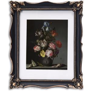 11x14 Vintage Picture Frame with Embossed Flower Design, Black Ornate Frame for 11x14 or 8x10 Pictures with White Mat, Home Decor (Black, 8x10)