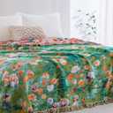 100% Cotton Muslin Floral Blanket, Super Soft Throw Green for Couch, Bed Chair Quilt Travel Blankets, Reversible Jacquard Fall Coverlet, Lightweight Boho Farmhouse Picnic Blanket, 80"x90"