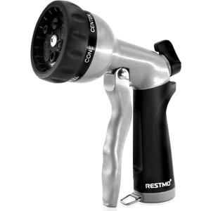 RESTMO Garden Hose Nozzle, Heavy Duty Metal Water Nozzle with 7 Adjustable Spray Patterns, High Pressure Hand Sprayer with Flow Control, for Watering Plants & Lawns, Washing Cars & Pets, Black