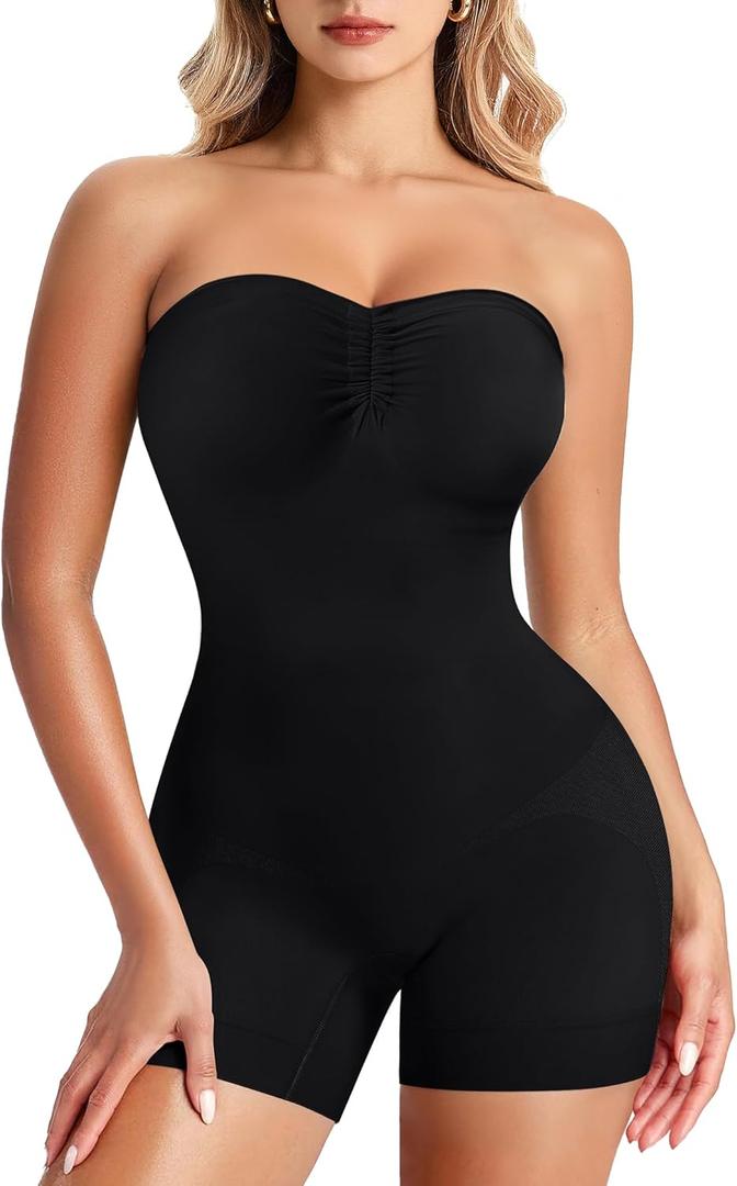 Nebility Strapless Shapewear for Women Tummy Control Shapewear Bodysuits Full Body Shaper with Adjustable Bow & Halter Neck, Large