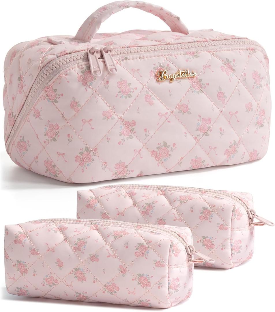 Travel Makeup Bag, 3 Pcs Large Capacity Puffy Toiletry Bag for Women, Open Flat Make up Cosmetic Organizer w/Handle & Clear Divider Water-resistant Portable Pouch Travel Essentials, M-Pink Rose