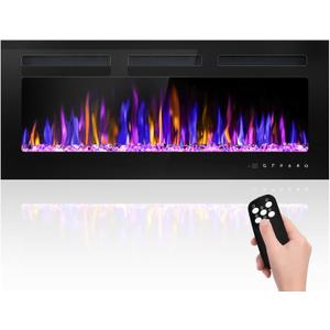 BETELNUT 40" Electric Fireplace Wall Mounted and Recessed with Remote Control, 750/1500W Ultra-Thin Wall Fireplace Heater W/Timer Adjustable Flame Color and Brightness, Log Set & Crystal Options