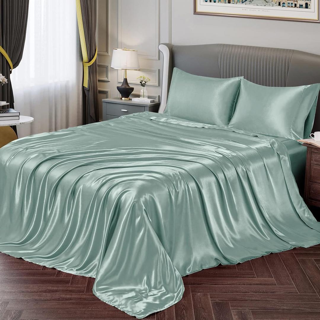 Vonty Satin Sheets Queen Silky Soft Satin Bed Sheets Mint Green Sheet Set, 1 Deep Pocket Fitted Sheet + 1 Flat Sheet + 2 Pillowcases