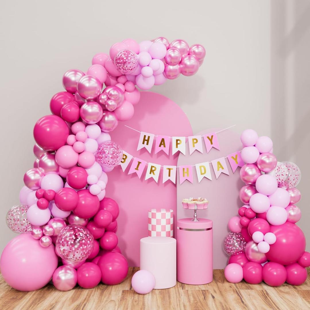 Pink Balloon Garland Arch Kit Hot Pink and Metallic Pink Confetti Balloons with Happy Birthday Banner for Princess Wedding Birthday Decorations for Women