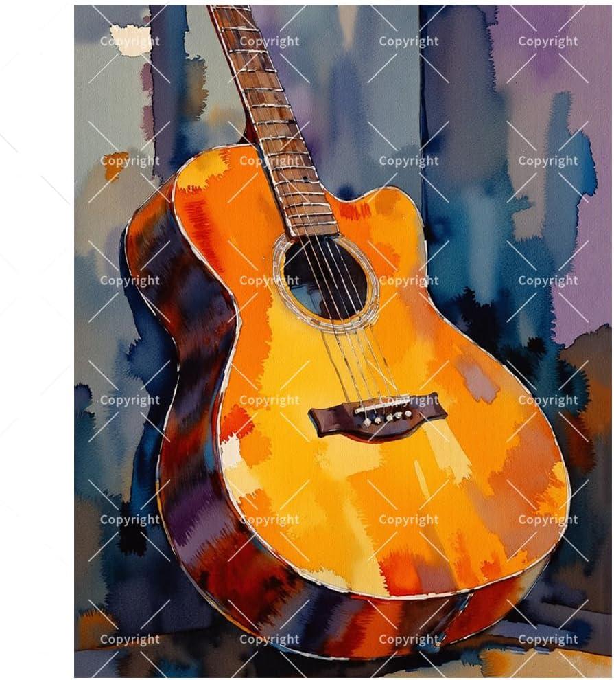 Guitar Art Paint by Numbers Kit for Adults - DIY Watercolor Acoustic Guitar Painting on Canvas, Acrylic Paint Set, Suitable for Beginners, Musical Art for Home Decoration or Gifts(16X20IN Framed)